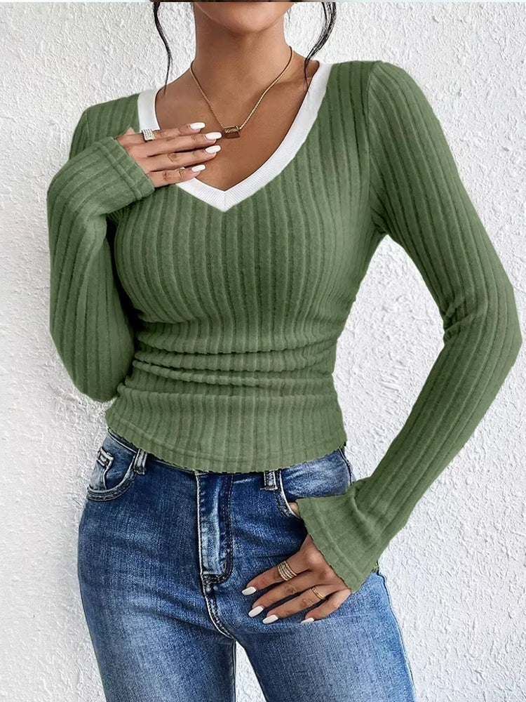 Fashion Contrast Color V-Neck Blouse Blouses - Tophatter Daily Deals