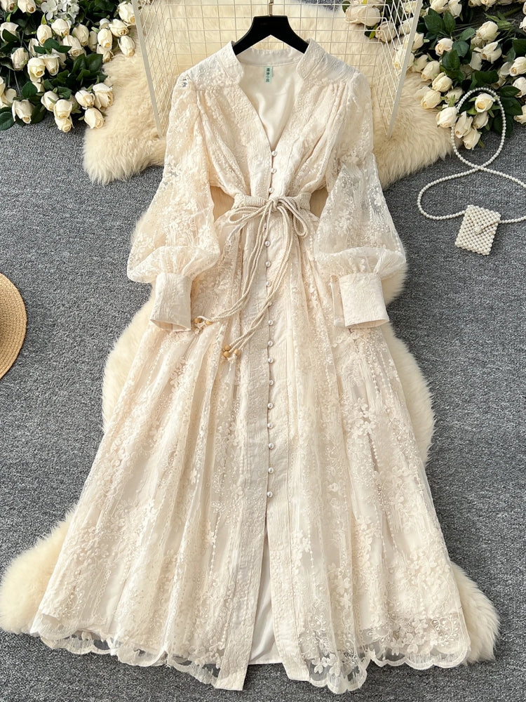Elegant Luxury Lace Single Breasted Evening Party Dress Apricot Maxi Dresses - Tophatter Daily Deals