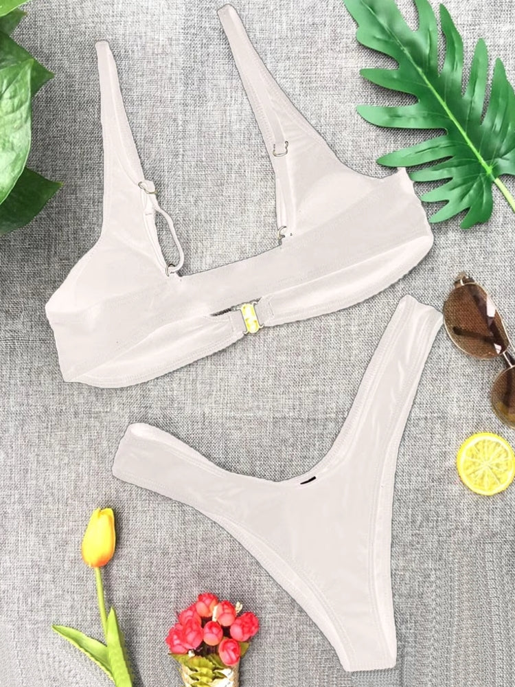 Solid High Waist Gold Front Lock Bikini Swimwear - Tophatter Daily Deals