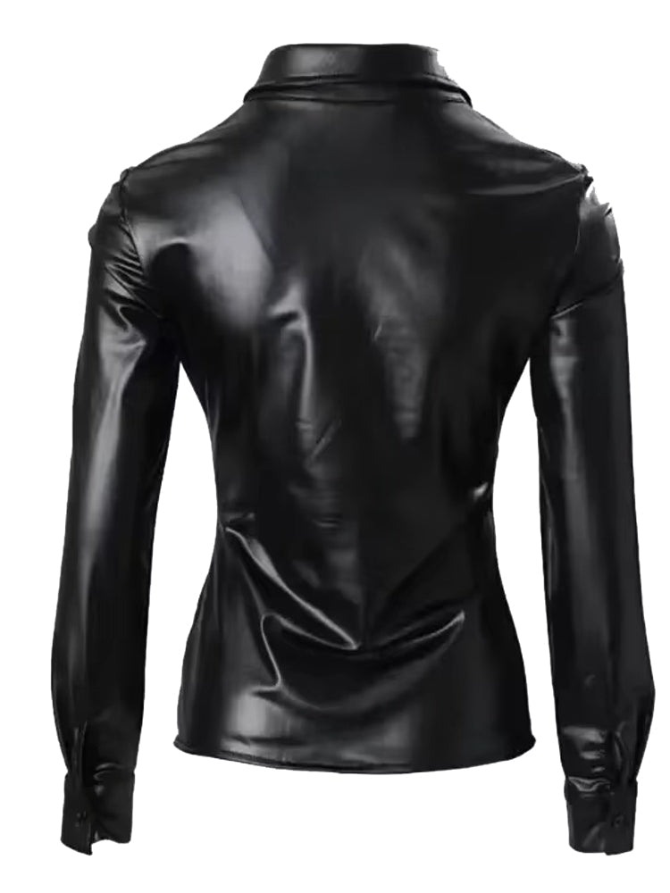 Faux Leather Button Front Shirt For Women Blouses - Tophatter Daily Deals