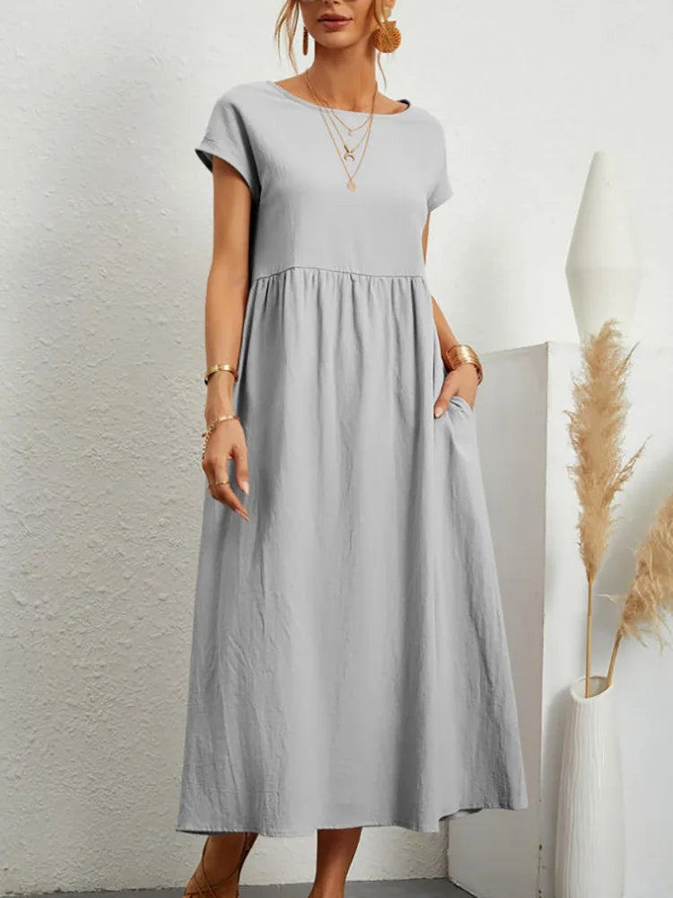Women Vintage O Neck Short Sleeve Cotton Solid Dress Grey Maxi Dresses - Tophatter Daily Deals