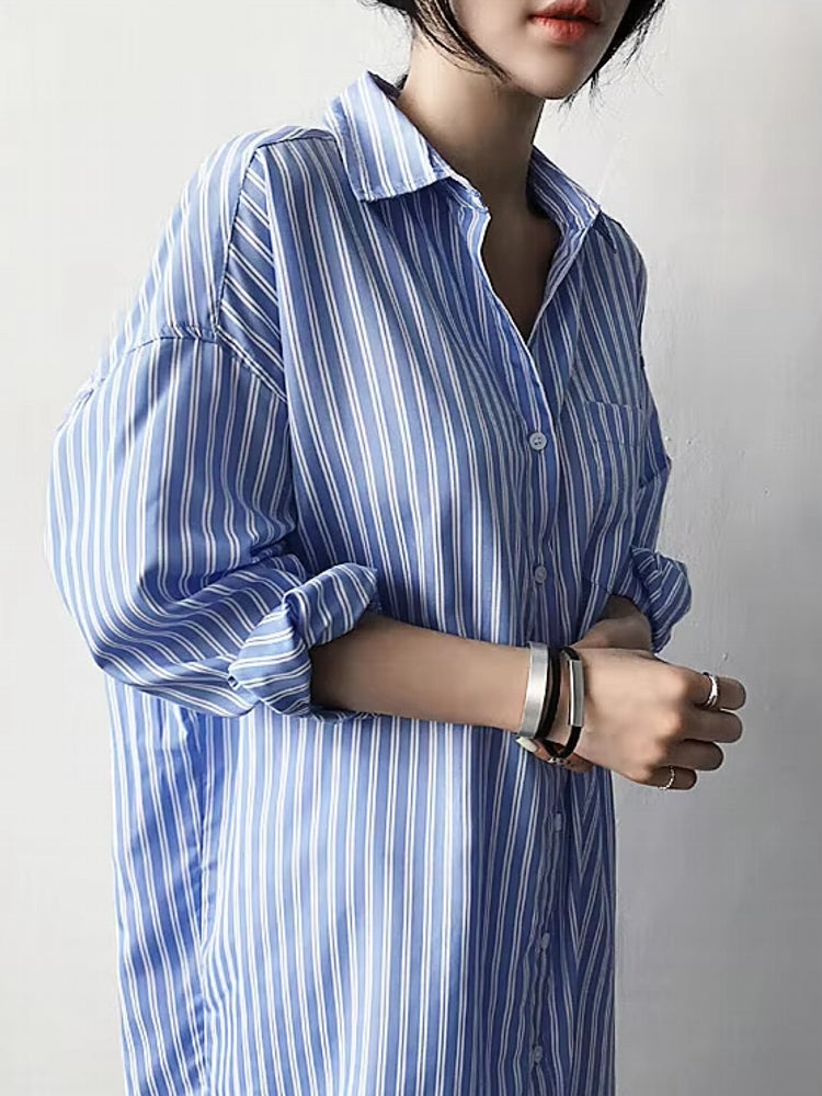 Fashion Mid-length Striped Shirt Skirt Blouses - Tophatter Daily Deals