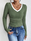 Fashion Contrast Color V-Neck Blouse Green Blouses - Tophatter Daily Deals