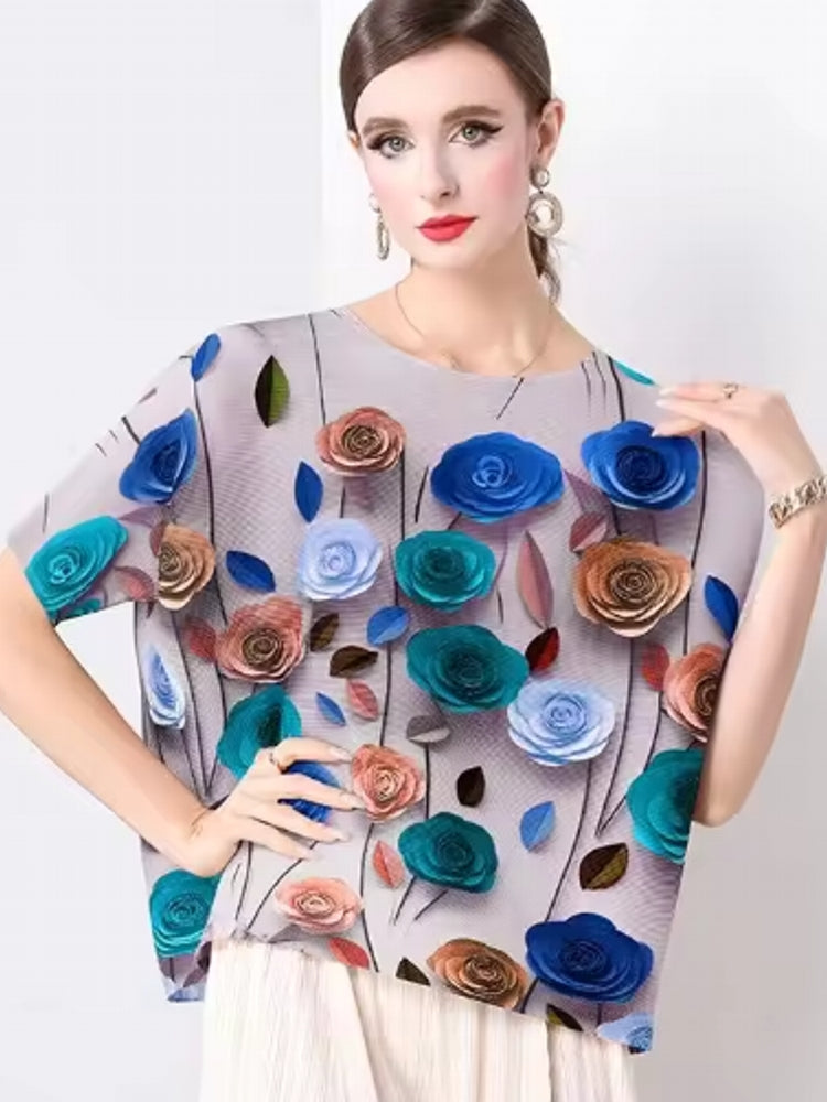 Fashion Rose Flower Casual Loose Chiffon Tops Blue Blouses - Tophatter Daily Deals