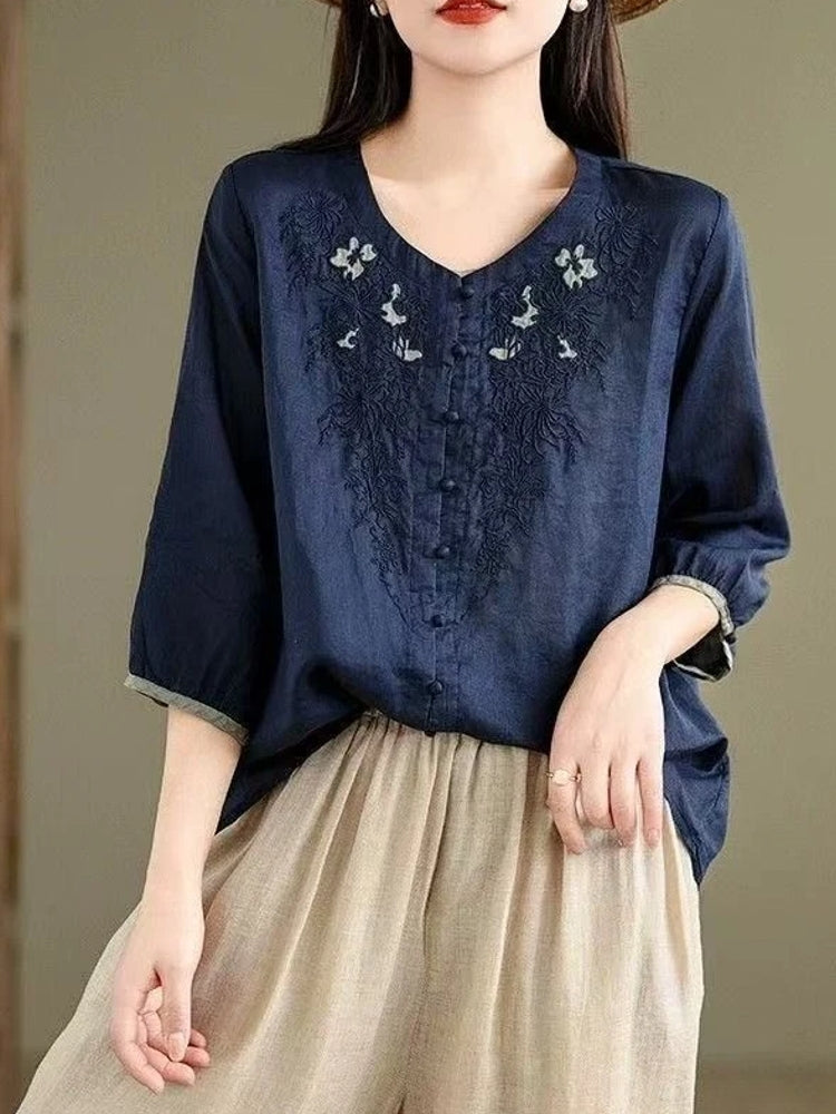 Casual 3/4 Sleeve Embroidery Floral Blouse Blouses - Tophatter Daily Deals