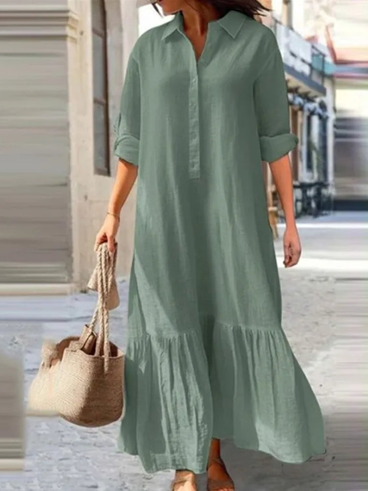 Women Simple Style Solid Color Cotton Linen Dresses Green Maxi Dresses - Tophatter Daily Deals