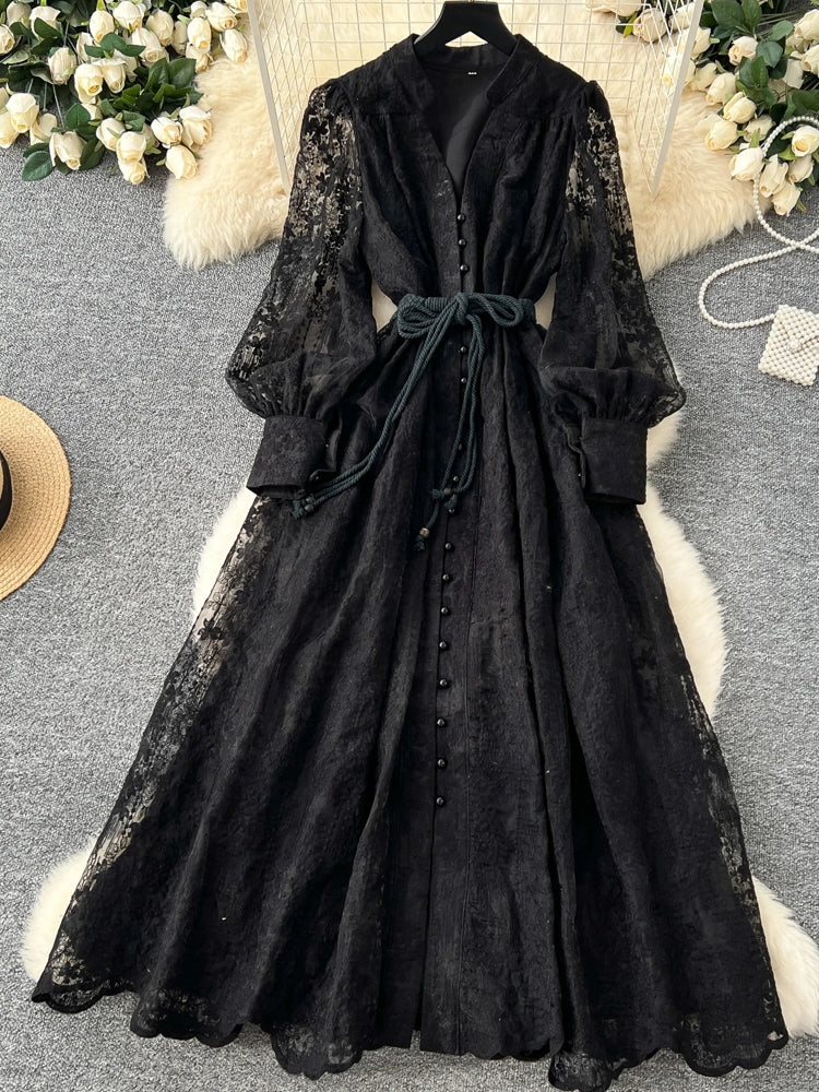 Elegant Luxury Lace Single Breasted Evening Party Dress Black Maxi Dresses - Tophatter Daily Deals