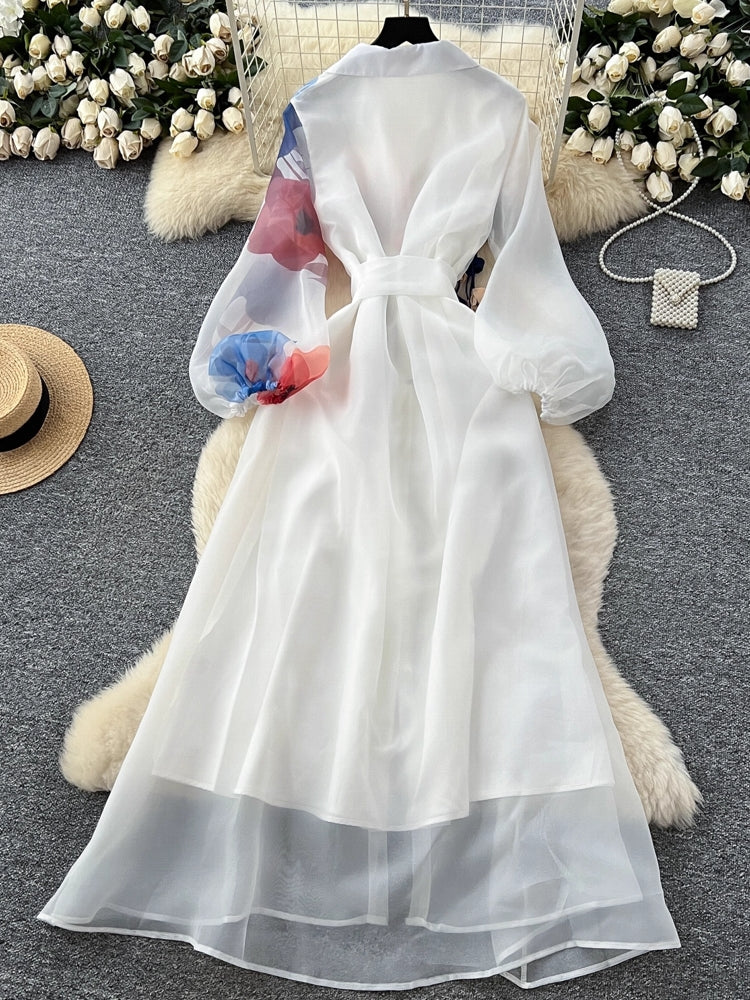 Floral Print Belt Chiffon Shirt Maxi Dress Maxi Dresses - Tophatter Daily Deals