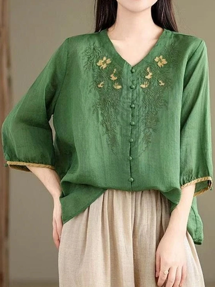 Casual 3/4 Sleeve Embroidery Floral Blouse Blouses - Tophatter Daily Deals