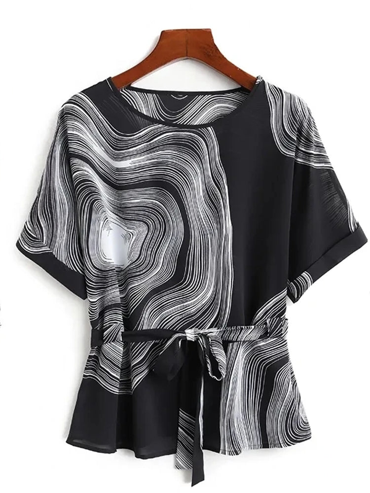 Vintage Chiffon O-Neck Women Striped Blouse Black Blouses - Tophatter Daily Deals