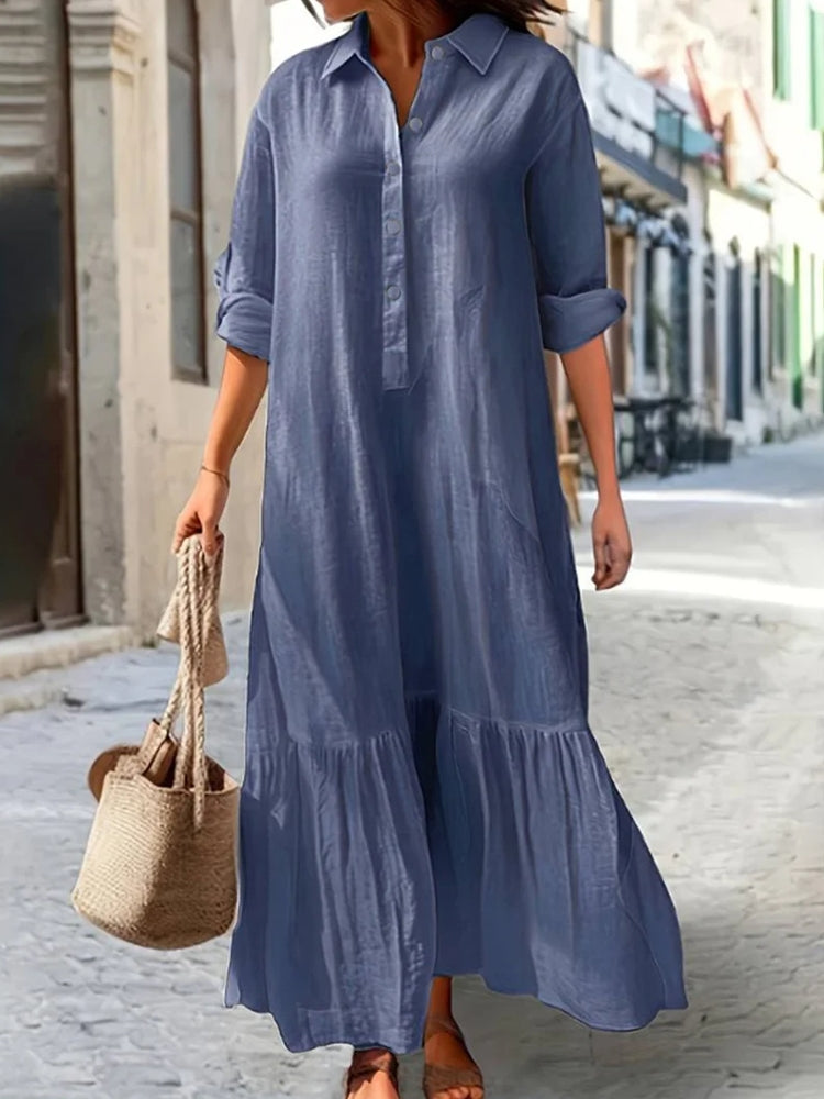 Women Simple Style Solid Color Cotton Linen Dresses Blue Maxi Dresses - Tophatter Daily Deals