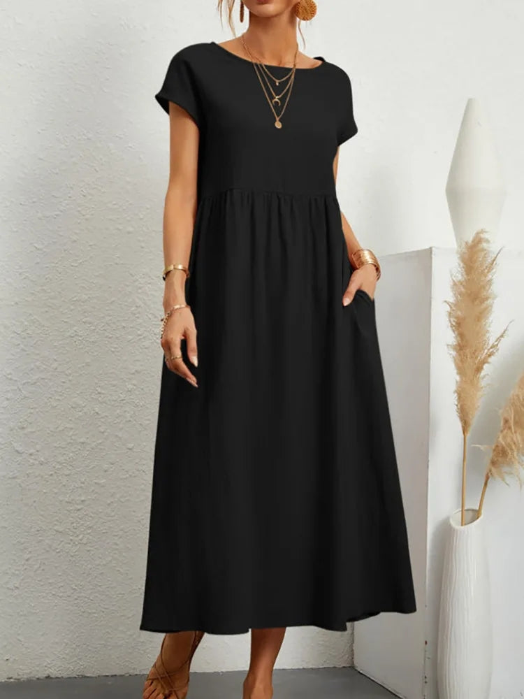 Women Vintage O Neck Short Sleeve Cotton Solid Dress Maxi Dresses - Tophatter Daily Deals