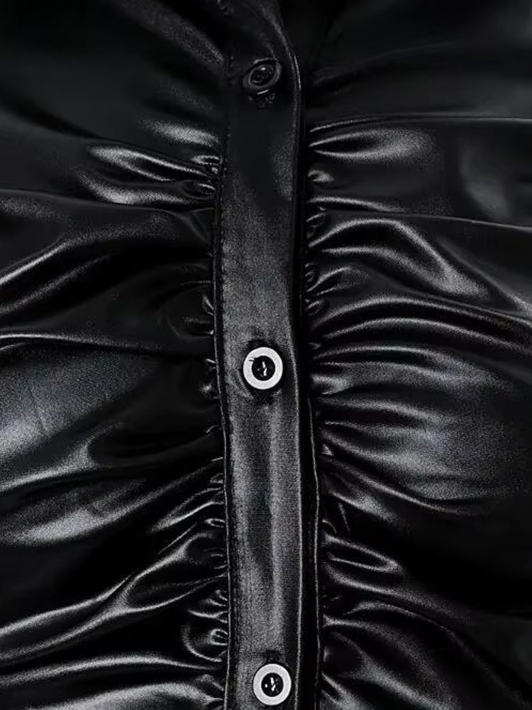 Faux Leather Button Front Shirt For Women Blouses - Tophatter Daily Deals