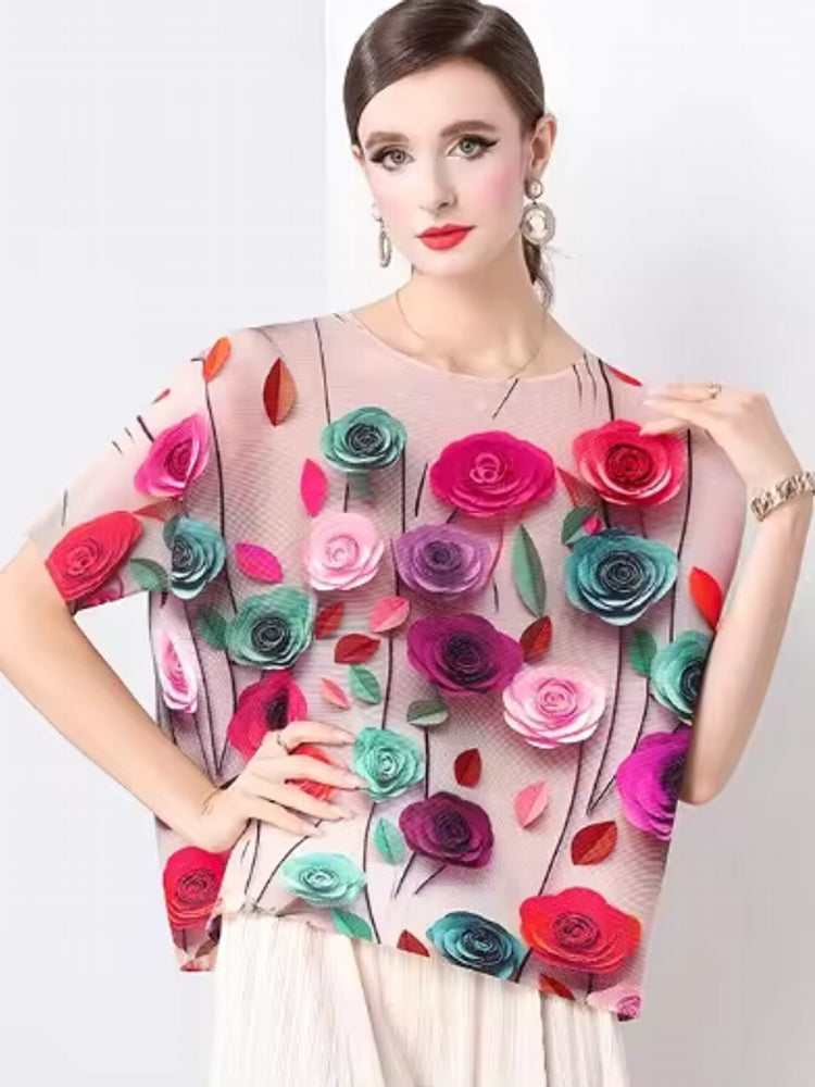 Fashion Rose Flower Casual Loose Chiffon Tops Red Blouses - Tophatter Daily Deals