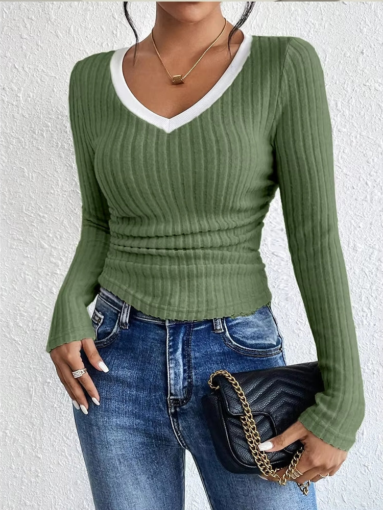 Fashion Contrast Color V-Neck Blouse Blouses - Tophatter Daily Deals