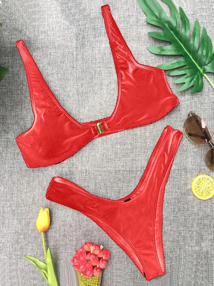 Solid High Waist Gold Front Lock Bikini Red Swimwear - Tophatter Daily Deals