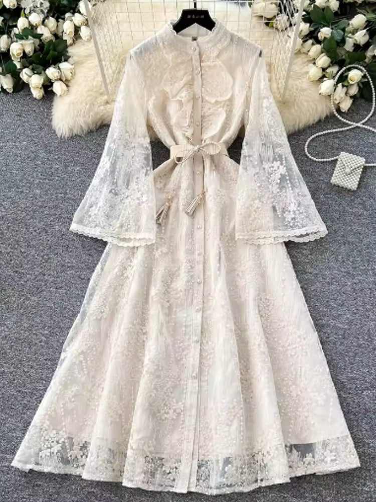 Fashion Flare Sleeve Ruffles Belt Lace Party Long Dress Maxi Dresses - Tophatter Daily Deals
