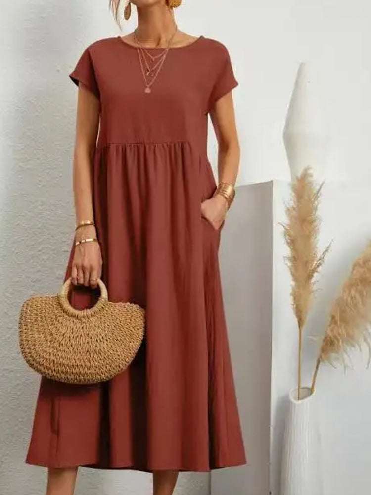 Women Vintage O Neck Short Sleeve Cotton Solid Dress Brown Maxi Dresses - Tophatter Daily Deals