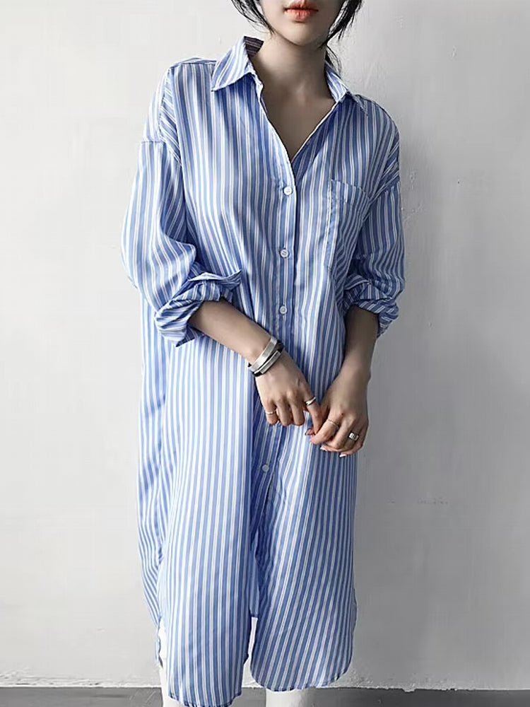 Fashion Mid-length Striped Shirt Skirt Blouses - Tophatter Daily Deals