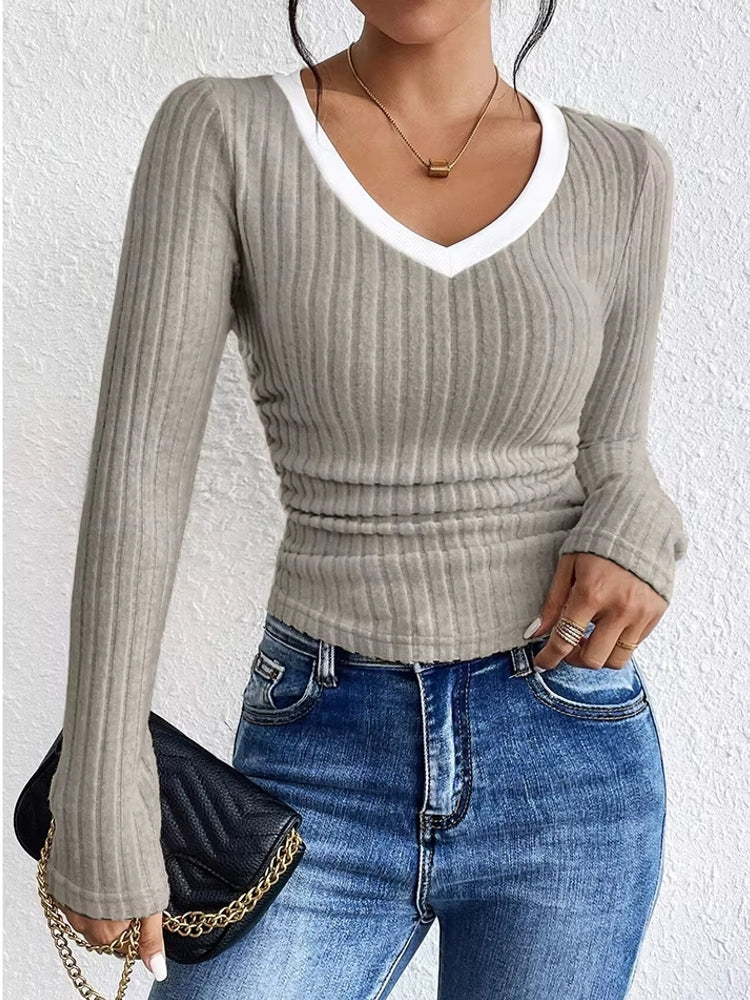 Fashion Contrast Color V-Neck Blouse Blouses - Tophatter Daily Deals