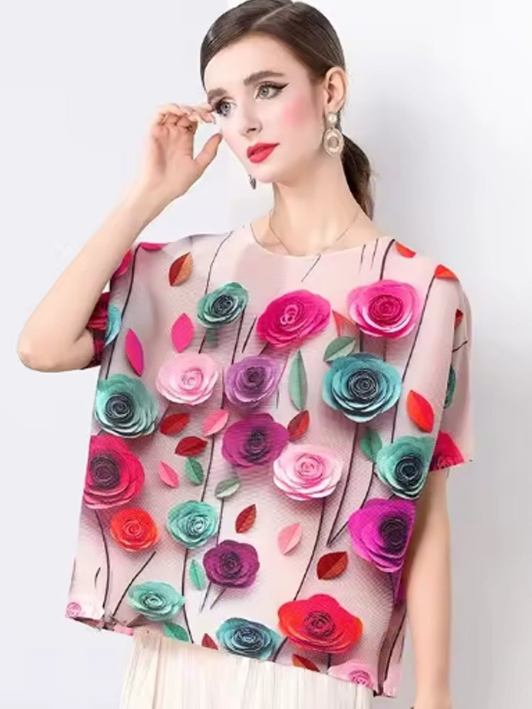 Fashion Rose Flower Casual Loose Chiffon Tops Blouses - Tophatter Daily Deals