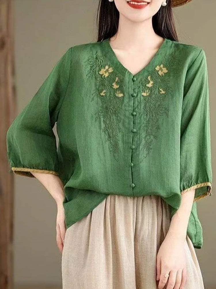Casual 3/4 Sleeve Embroidery Floral Blouse Blouses - Tophatter Daily Deals