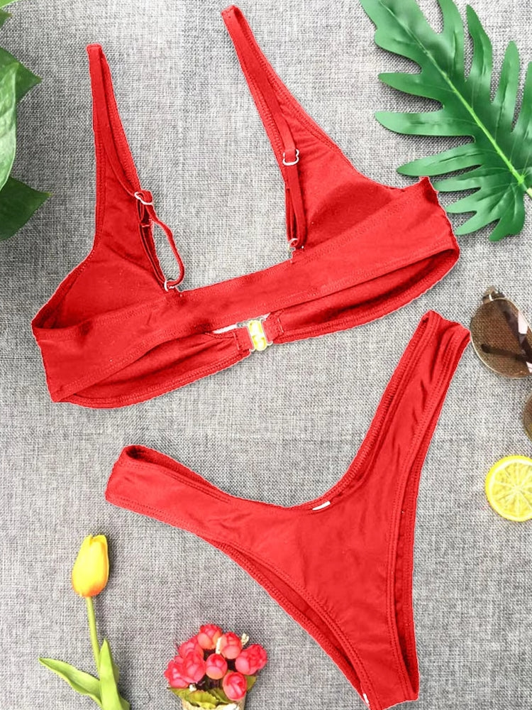 Solid High Waist Gold Front Lock Bikini Swimwear - Tophatter Daily Deals