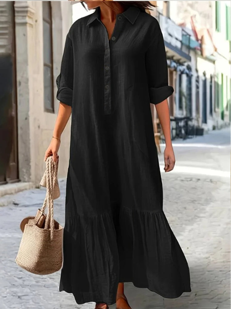 Women Simple Style Solid Color Cotton Linen Dresses Black Maxi Dresses - Tophatter Daily Deals