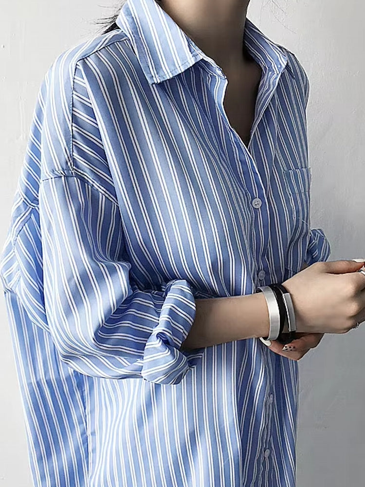 Fashion Mid-length Striped Shirt Skirt Blue Blouses - Tophatter Daily Deals