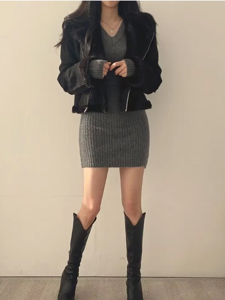 Women V-Neck Sexy Knit Bodycon Dress Mini Dresses - Tophatter Daily Deals