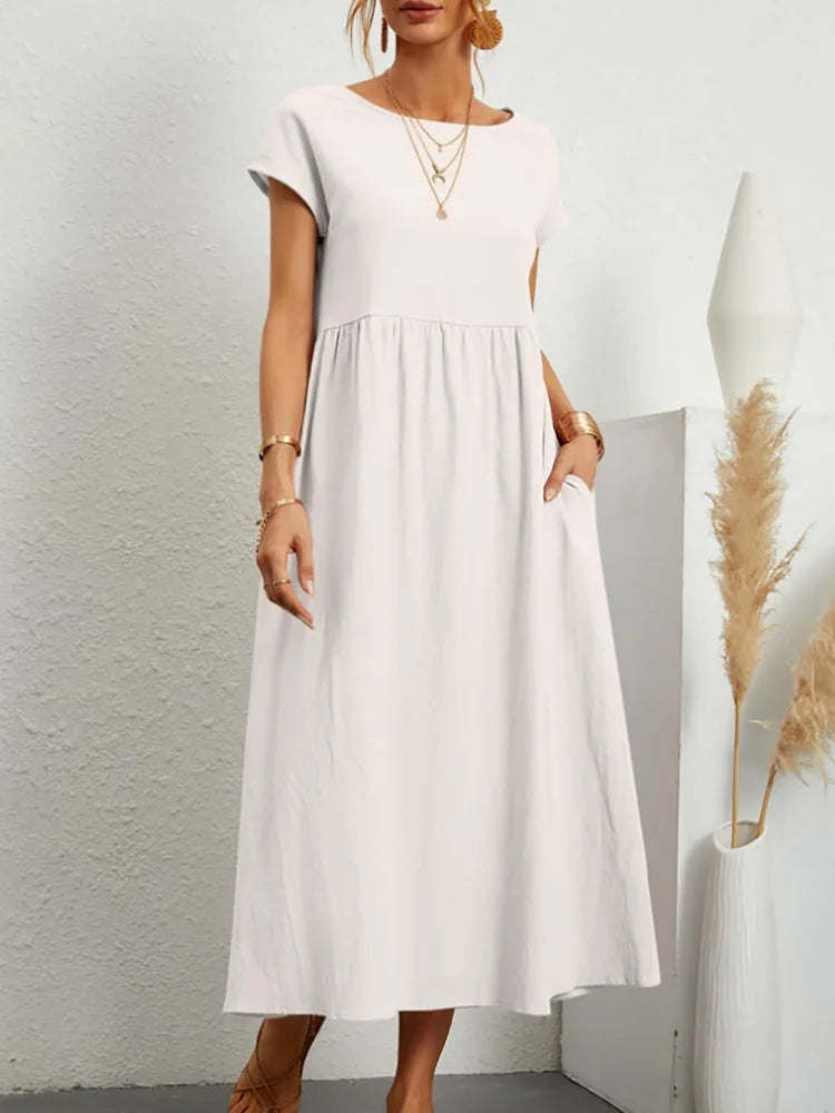 Women Vintage O Neck Short Sleeve Cotton Solid Dress White Maxi Dresses - Tophatter Daily Deals