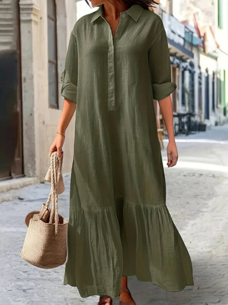 Women Simple Style Solid Color Cotton Linen Dresses Army Green Maxi Dresses - Tophatter Daily Deals