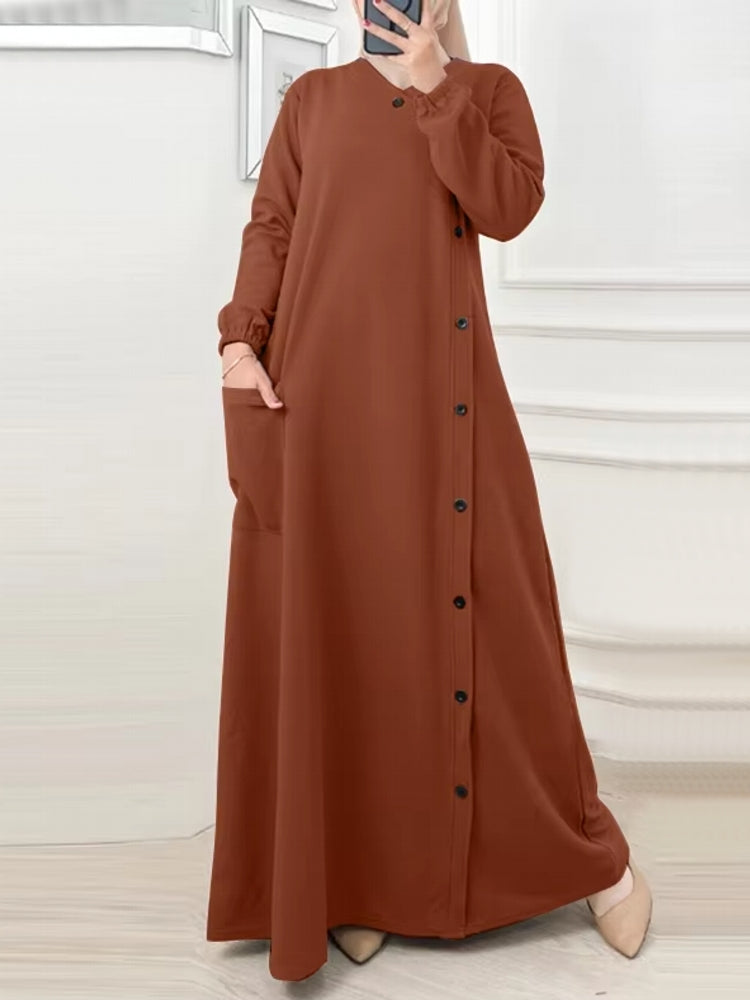 Muslim O Neck Maxi Dresses Buttons Brown Maxi Dresses - Tophatter Daily Deals