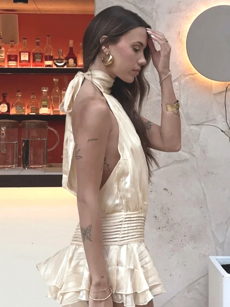 Women Elegant Lotus Leaf Edge Halter Mini Dress Mini Dresses - Tophatter Daily Deals