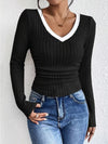 Fashion Contrast Color V-Neck Blouse Blouses - Tophatter Daily Deals