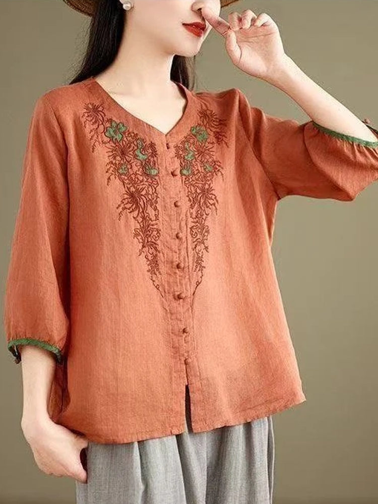 Casual 3/4 Sleeve Embroidery Floral Blouse Orange Blouses - Tophatter Daily Deals
