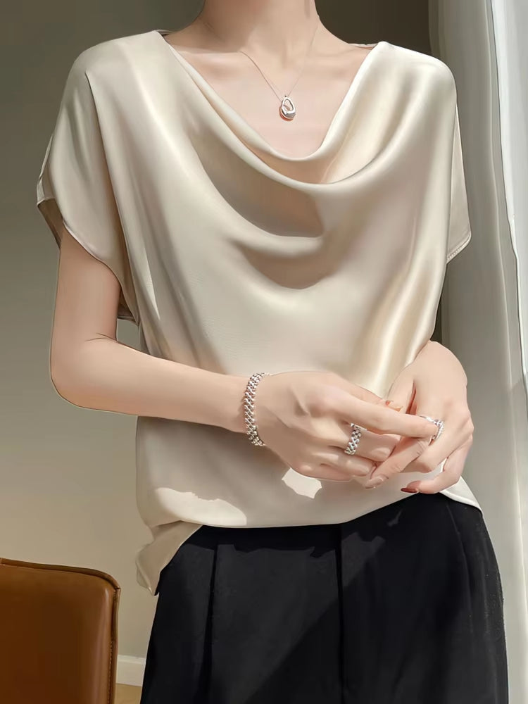 Summer Satin Silk Blouse Women Short Sleeve Tops Blouses - Tophatter Daily Deals