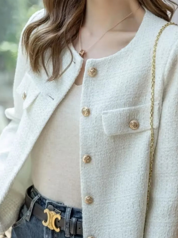 Fashion Short Slim Wool Tweed Coat White Work Wear Blazers - Tophatter Daily Deals