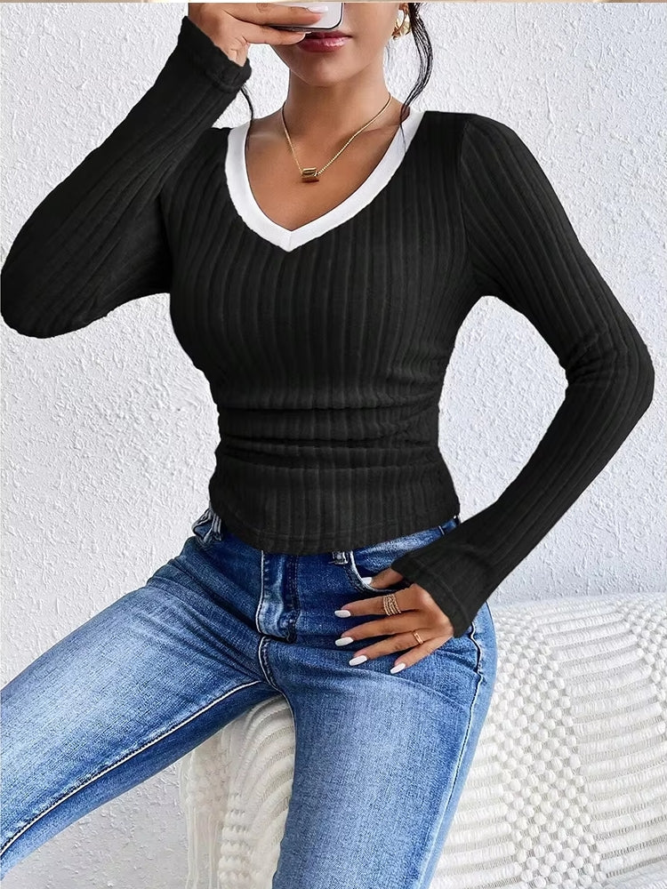 Fashion Contrast Color V-Neck Blouse Blouses - Tophatter Daily Deals