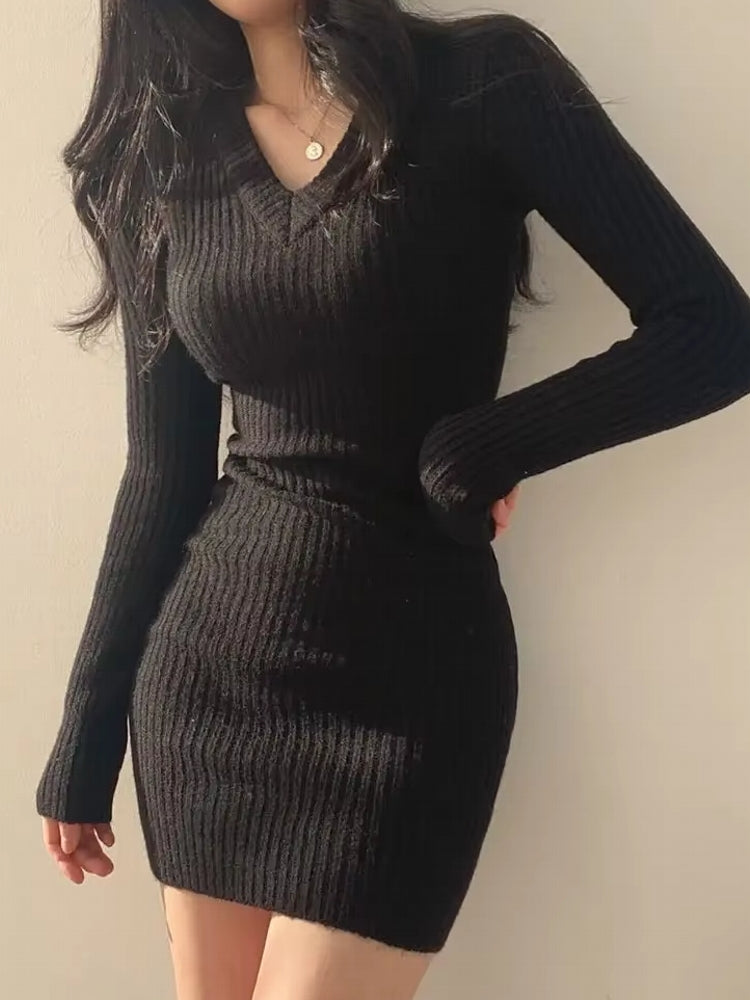 Women V-Neck Sexy Knit Bodycon Dress Black Mini Dresses - Tophatter Daily Deals