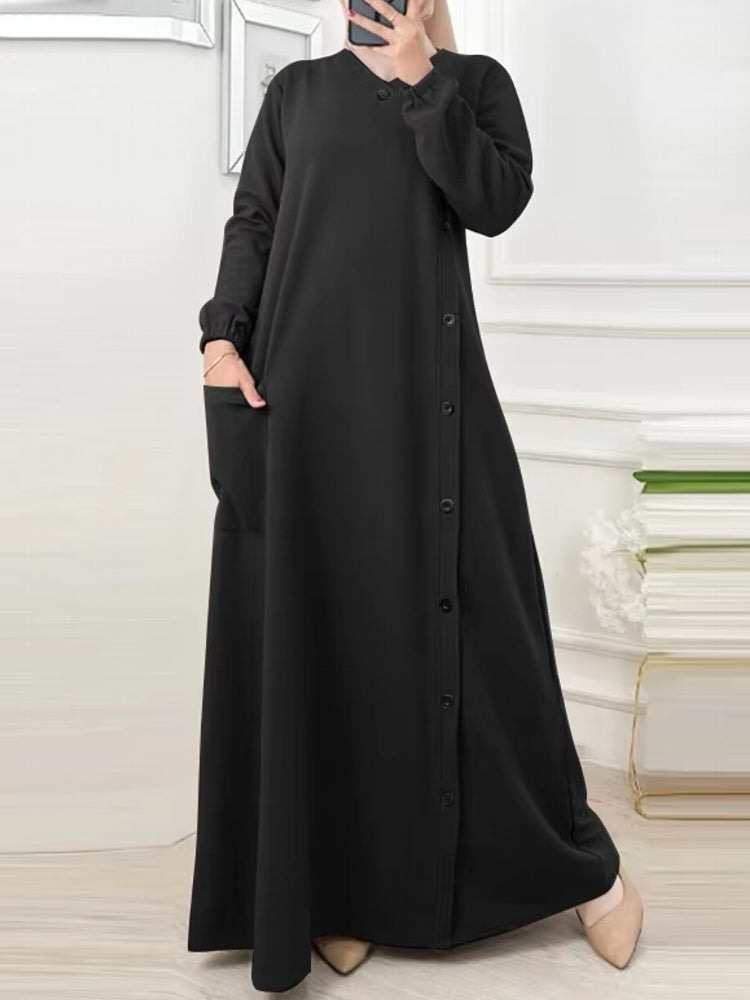 Muslim O Neck Maxi Dresses Buttons Black Maxi Dresses - Tophatter Daily Deals