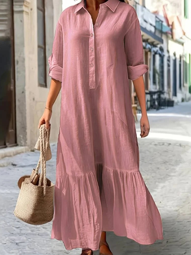 Women Simple Style Solid Color Cotton Linen Dresses Pink Maxi Dresses - Tophatter Daily Deals