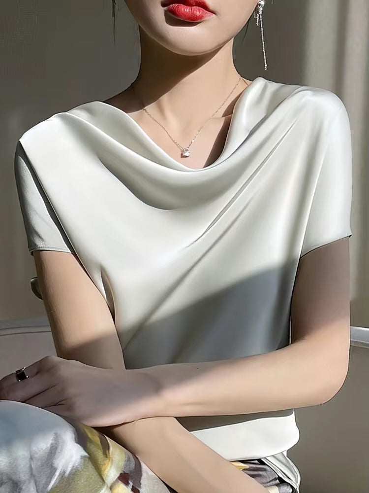 Summer Satin Silk Blouse Women Short Sleeve Tops Light Blue Blouses - Tophatter Daily Deals