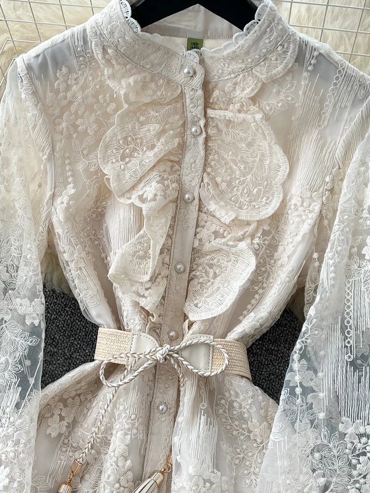 Fashion Flare Sleeve Ruffles Belt Lace Party Long Dress 2XL Maxi Dresses - Tophatter Daily Deals