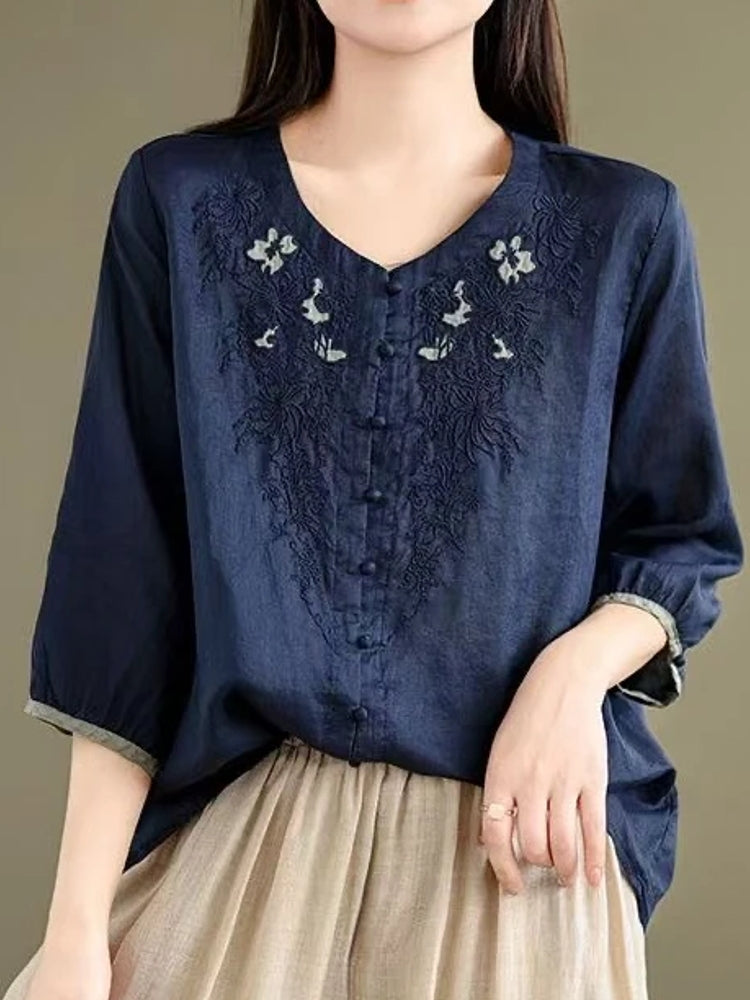 Casual 3/4 Sleeve Embroidery Floral Blouse Navy Blouses - Tophatter Daily Deals
