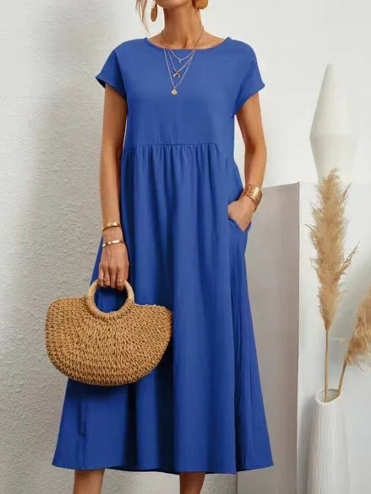 Women Vintage O Neck Short Sleeve Cotton Solid Dress Blue Maxi Dresses - Tophatter Daily Deals