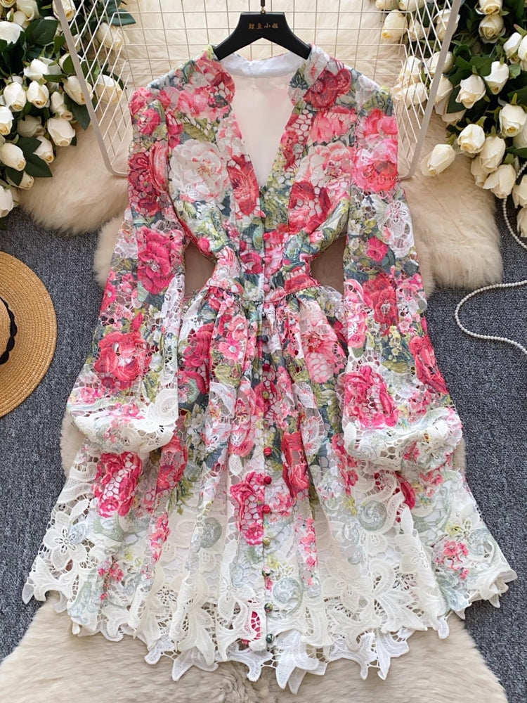 Women V-Neck Long Lantern Sleeve Lace Clothing Pink Mini Dresses - Tophatter Daily Deals