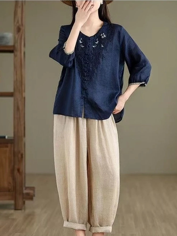 Casual 3/4 Sleeve Embroidery Floral Blouse Blouses - Tophatter Daily Deals