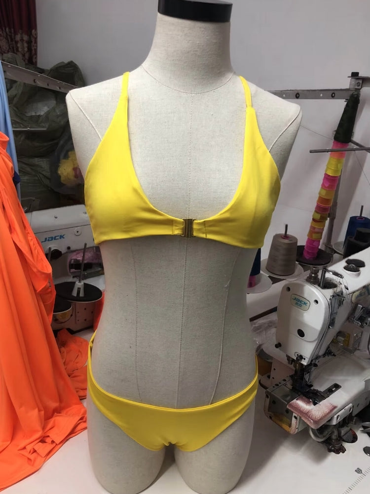 Solid High Waist Gold Front Lock Bikini Swimwear - Tophatter Daily Deals