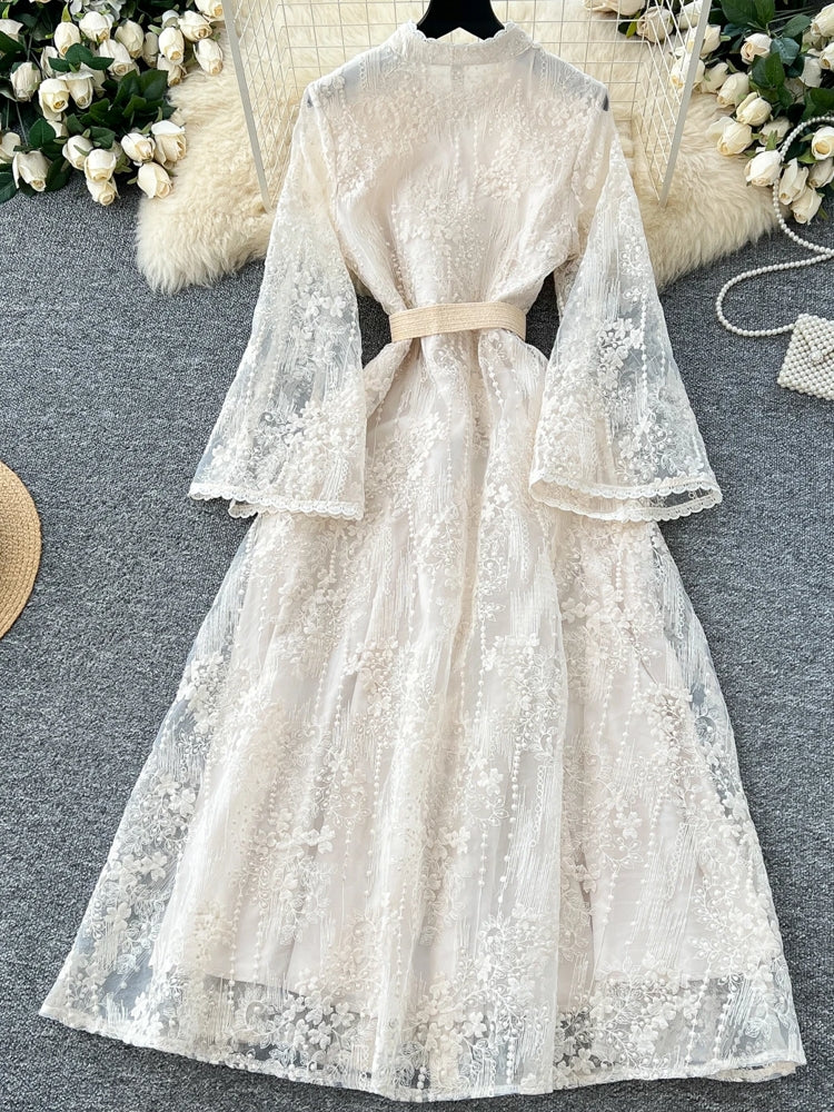 Fashion Flare Sleeve Ruffles Belt Lace Party Long Dress Maxi Dresses - Tophatter Daily Deals